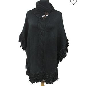 COPY - Poncho Cowl Neck Buttons Fringes Black One Size